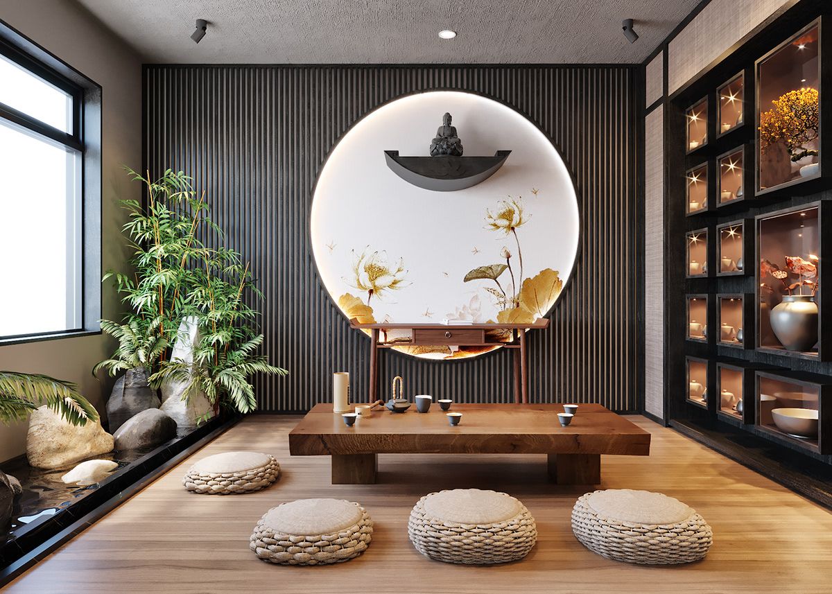 sala estilo zen con muebles y suelo en madera